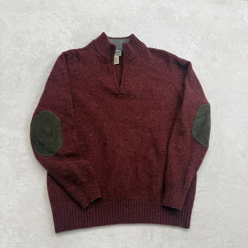 L.L. Bean Men's Sweater Burgundy Size L 100% Wool Shetland Quarter Zip Elbow